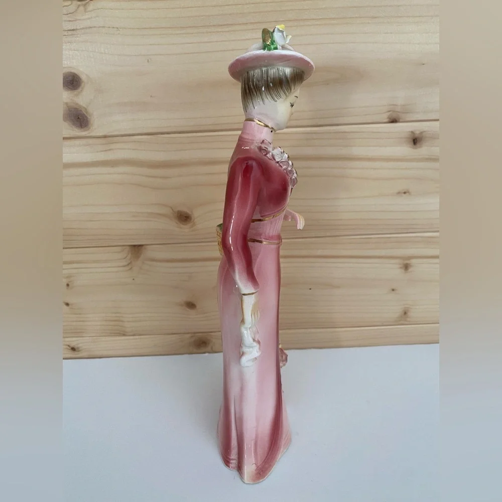 VINTAGE 10” Tall Victorian Lady Figurine Ruffled Accent Pink Dress Flower Basket